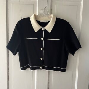 OAK + FORT Black and Cream Cropped Knit Polo Cardigan